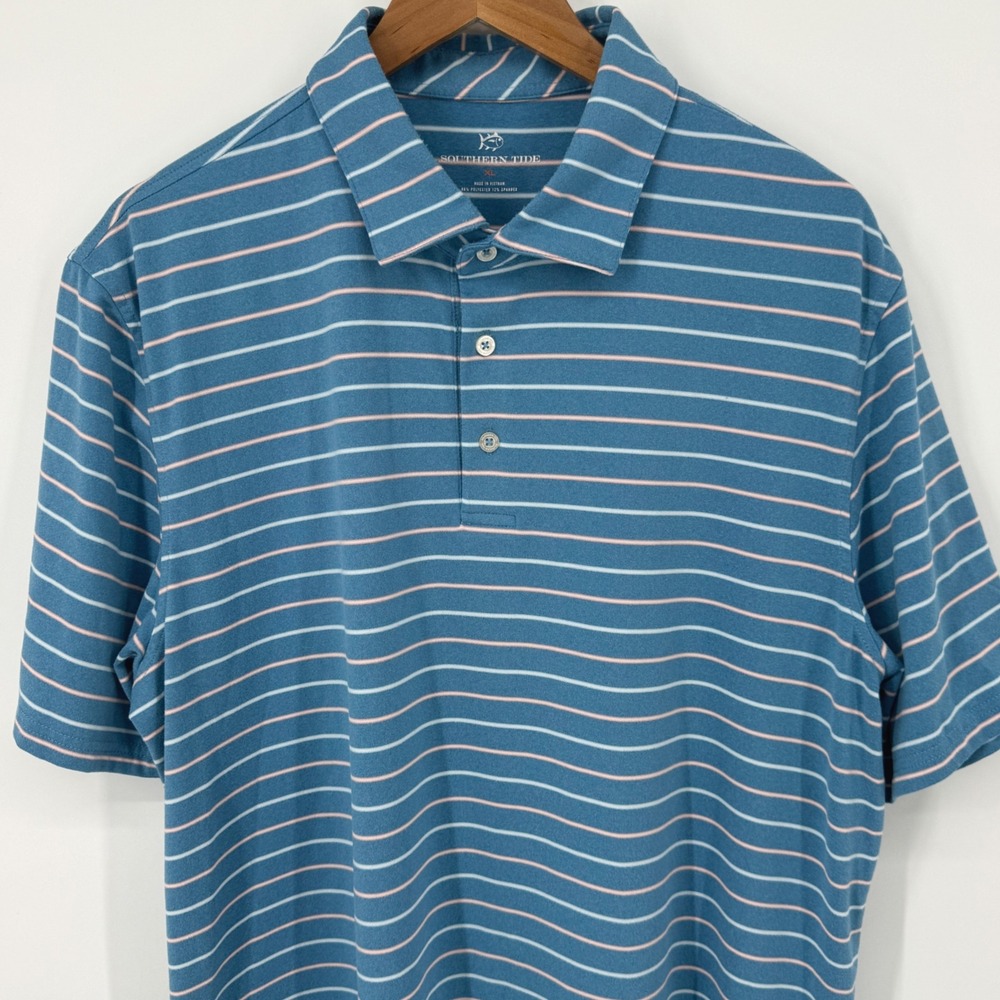 Southern Tide  Mens XL Blue‎ Striped Polo Shirt Monterey Bay Invitational Golf